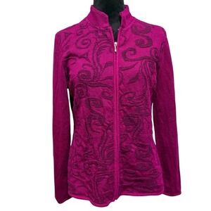 Caamano 100% Alpaca Knit Zip Up Sweater Jacket Women's Purple Floral Peru
